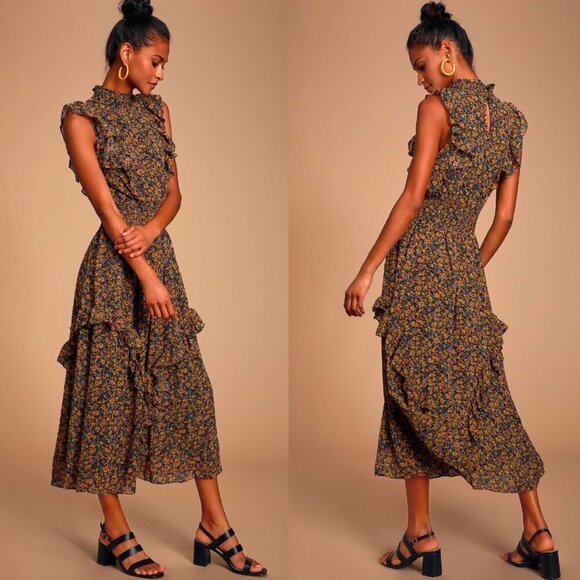 evalina mustard yellow floral print mock neck midi dress Lulus Evalina Midi Dress NWOT Sz S Floral Mock Neck Sleeveless Forest Fairy